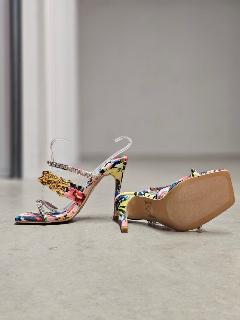 Floral Open-Toe High Heels With Rhinestone & Gold Chain Straps Multicolor Womens - Picture 8 of 14